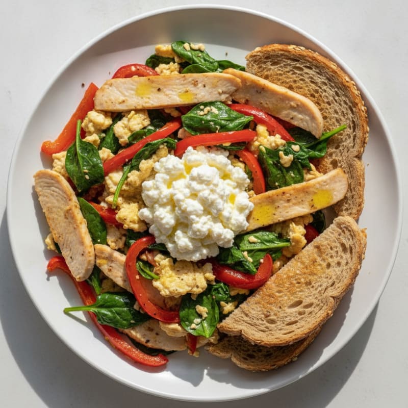 Egg White Vegetable Scramble with Cottage Cheese and Sliced Turkey