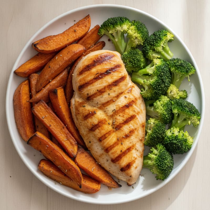 Grilled Chicken Breast with Roasted Sweet Potato and Steamed Broccoli