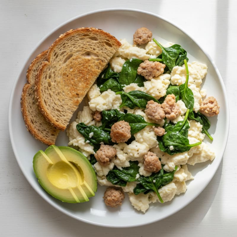 Egg White Scramble with Turkey Sausage and Sautéed Spinach