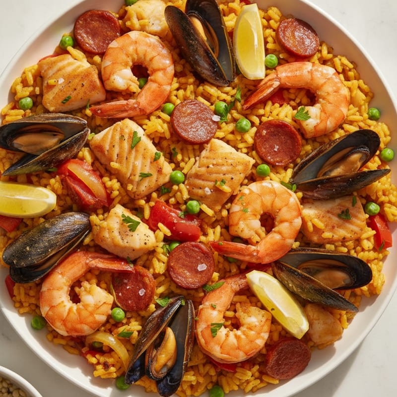 Saffron Seafood Paella with Chorizo