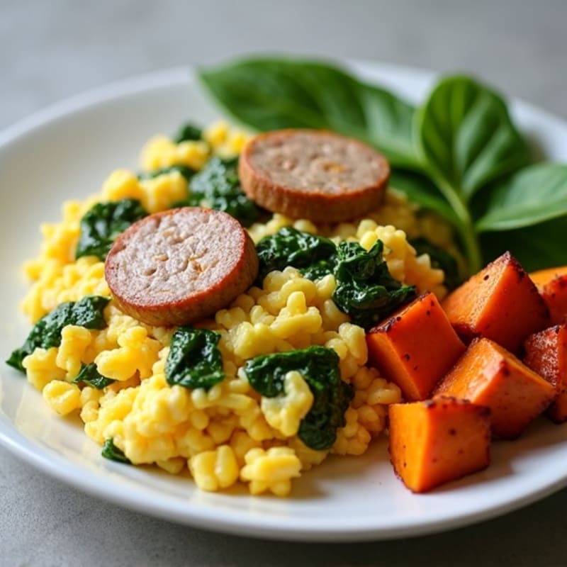 Egg White and Turkey Sausage Scramble with Spinach and Roasted Sweet Potato