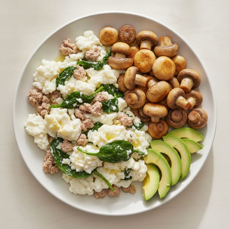 Egg White Spinach Scramble with Turkey and Sautéed Mushrooms