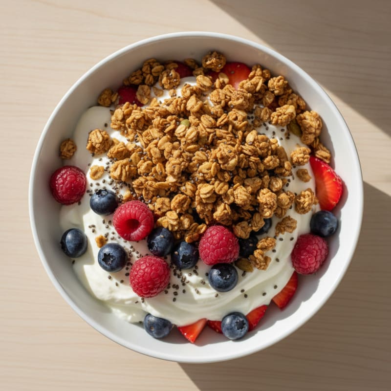 Vanilla Greek Yogurt Parfait with Protein Granola and Mixed Berries