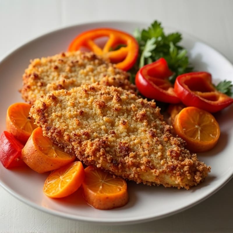 Crispy Chicken Cutlets with Roasted Sweet Potatoes and Bell Peppers