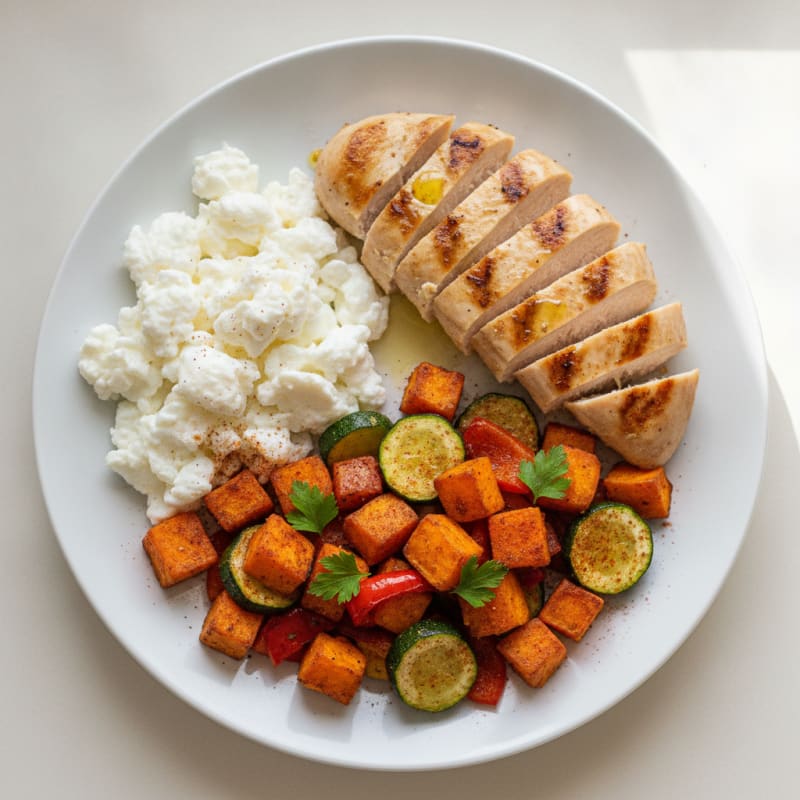 Scrambled Egg Whites with Roasted Veggies and Grilled Chicken