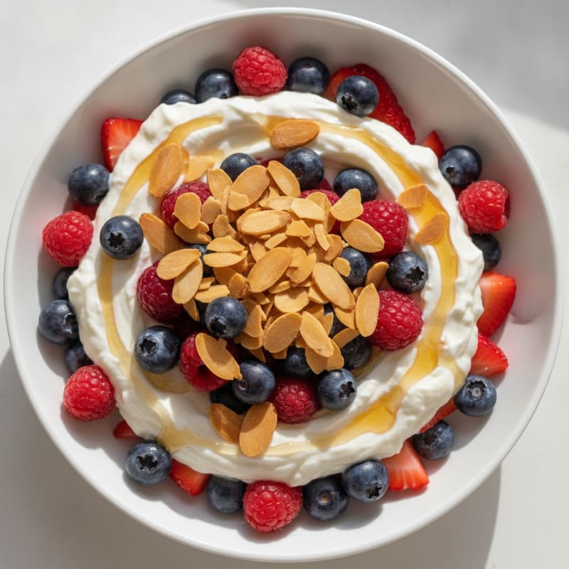 Greek Yogurt Protein Parfait with Mixed Berries and Almonds