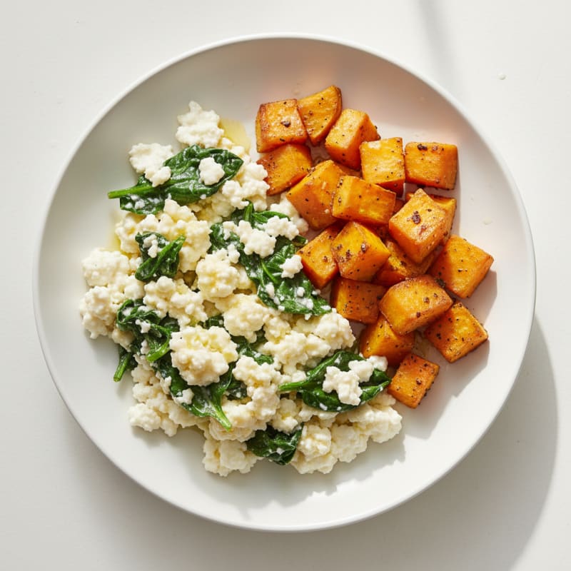 Cottage Cheese Scramble with Spinach and Roasted Sweet Potato