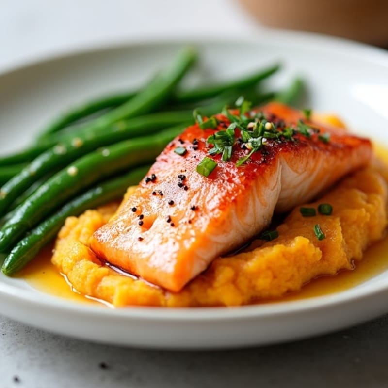 Seared Salmon with Steamed Green Beans and Sweet Potato Mash
