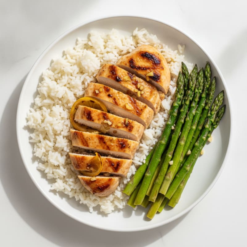 Grilled Chicken Breast with Jasmine Rice and Sautéed Asparagus