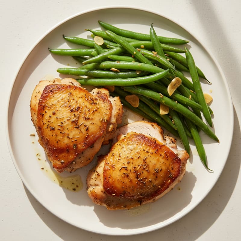 Seared Chicken Thighs with Steamed Green Beans and Garlic