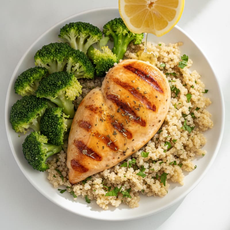 Grilled Chicken Breast with Quinoa and Steamed Broccoli