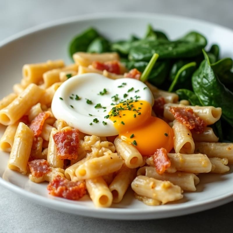 Creamy Egg and Lean Turkey Bacon Whole Wheat Pasta with Wilted Spinach