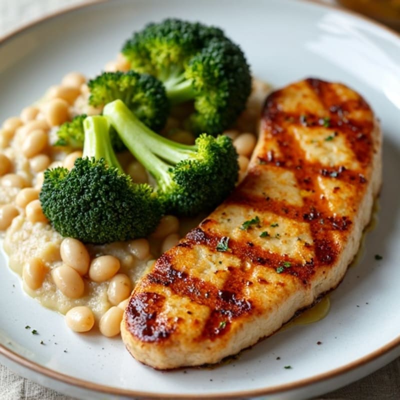 Grilled Seitan with Roasted Broccoli and White Bean Mash
