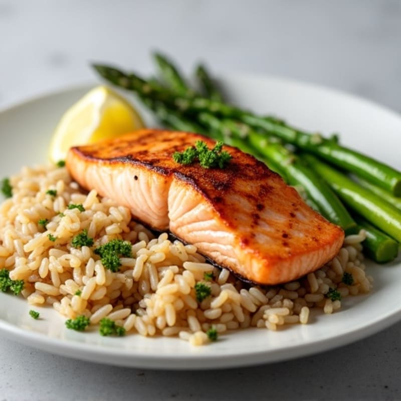Seared Salmon with Steamed Asparagus and Brown Rice