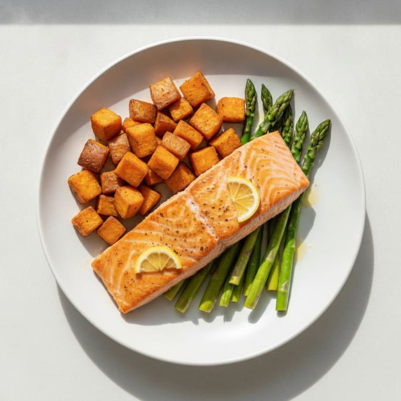 Seared Salmon with Roasted Sweet Potatoes and Asparagus