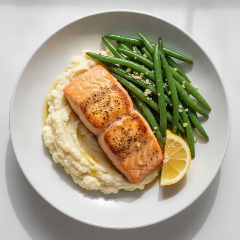 Seared Salmon Fillet with Garlic Green Beans and Cauliflower Mash
