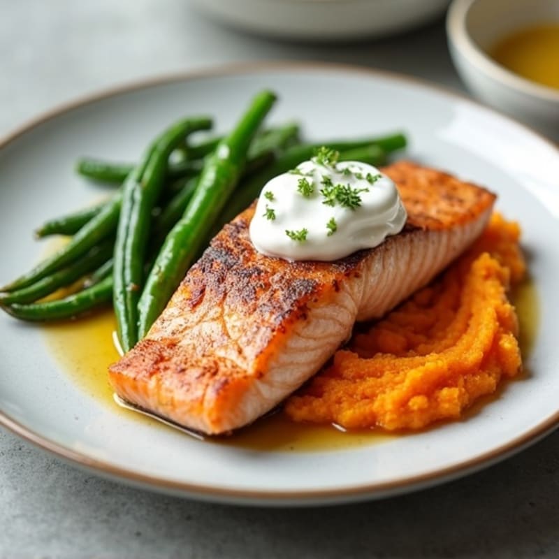 Seared Salmon with Garlic Green Beans and Sweet Potato Mash
