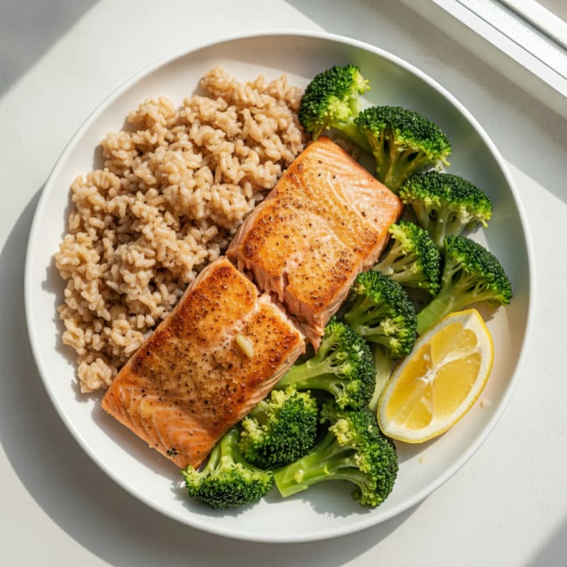 Seared Salmon with Steamed Broccoli and Brown Rice