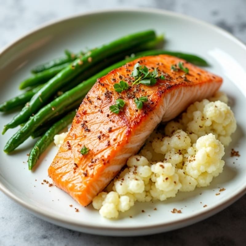 Seared Salmon with Steamed Green Beans and Garlic Mashed Cauliflower