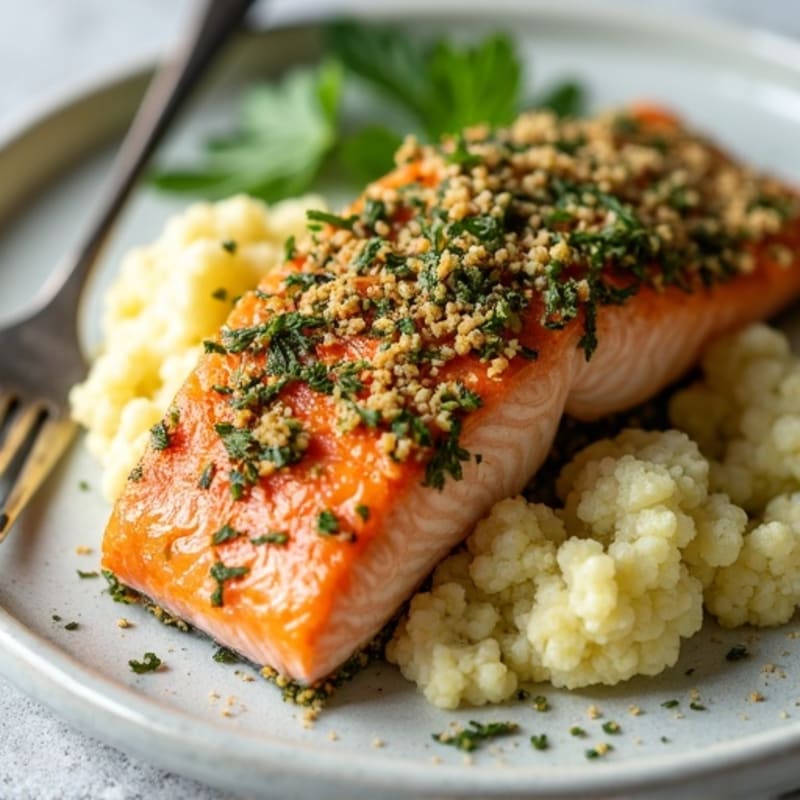 Herb-Crusted Salmon with Garlic Mashed Cauliflower