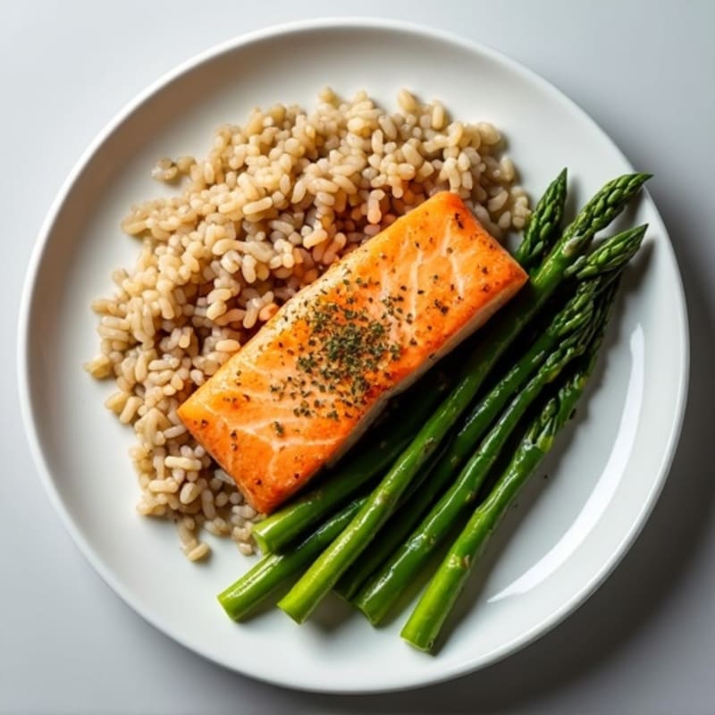 Seared Salmon with Steamed Asparagus and Brown Rice