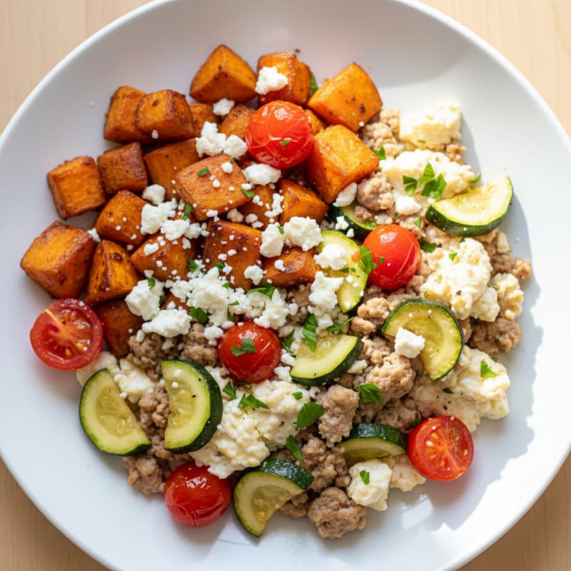 Egg White and Turkey Scramble with Sautéed Zucchini and Tomatoes