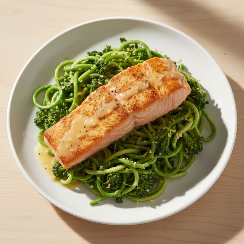 Golden Pan-Seared Salmon with Zesty Broccoli Noodles