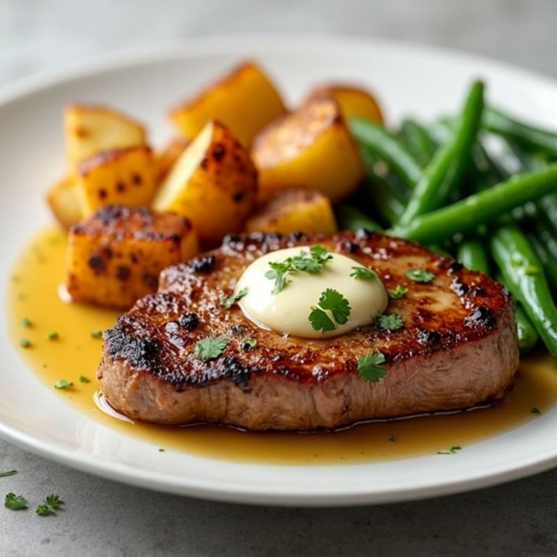 Pan-Seared Garlic Butter Steak with Crispy Roasted Potatoes and Fresh Green Beans