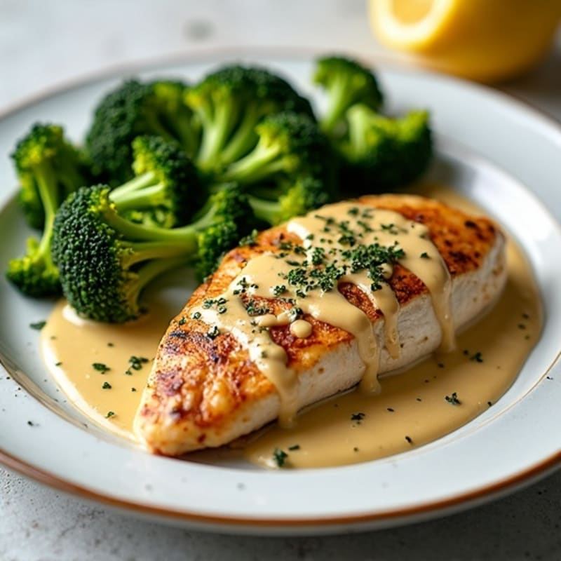 Grilled Chicken Breast with Roasted Broccoli and Lemon Tahini Drizzle