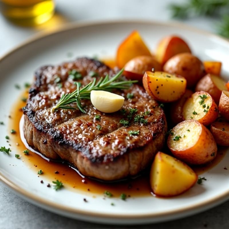 Tender Pan-Seared Garlic Herb Steak with Crispy Roasted Potatoes