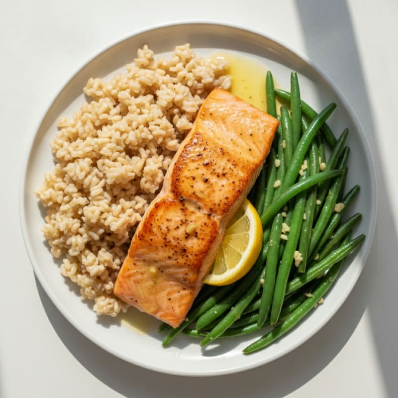 Pan-Seared Salmon with Garlic Green Beans and Brown Rice