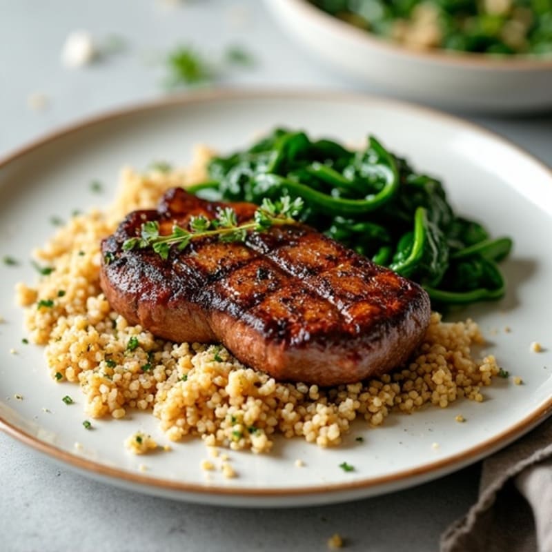 Grilled Steak with Quinoa Pilaf and Sautéed Spinach