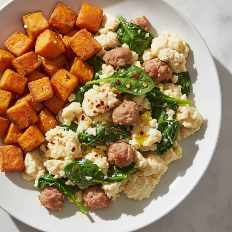 Egg White Spinach Scramble with Turkey Sausage