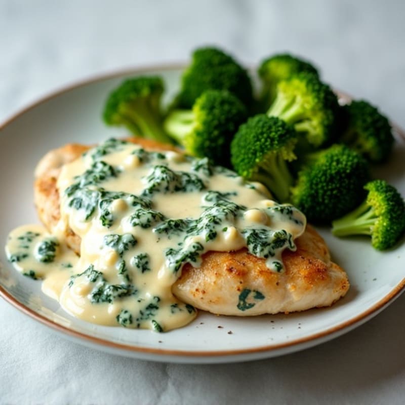 Creamy Spinach Artichoke Chicken with Roasted Broccoli