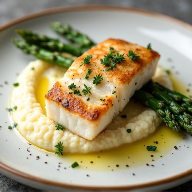 Seared White Fish with Roasted Asparagus and Cauliflower Mash