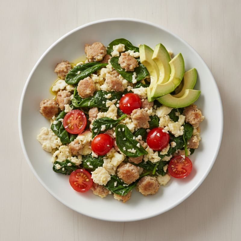 Egg White and Turkey Sausage Scramble with Sautéed Spinach