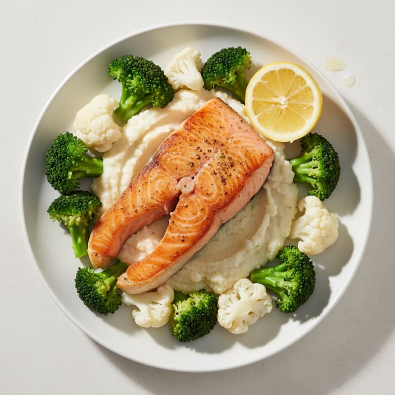 Seared Salmon with Steamed Broccoli and Cauliflower Mash