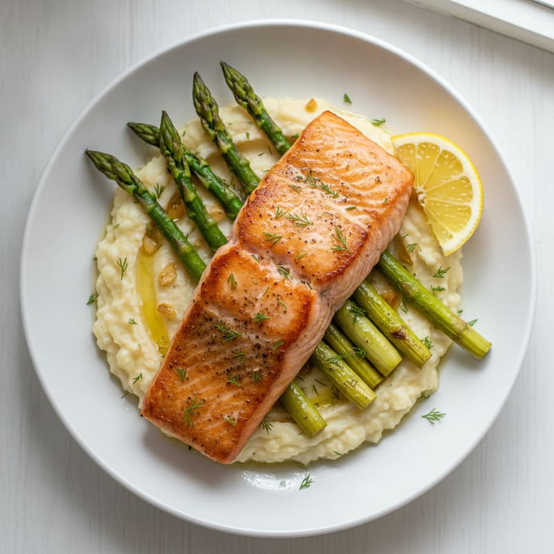 Seared Salmon Fillet with Roasted Asparagus and Cauliflower Mash