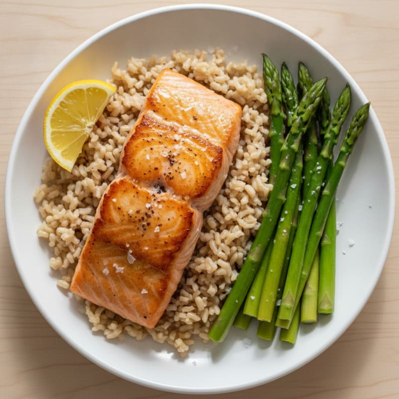 Pan-Seared Salmon with Steamed Asparagus and Brown Rice