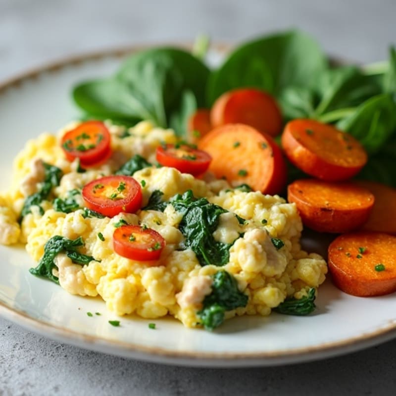 Egg White and Turkey Spinach Scramble with Roasted Sweet Potato