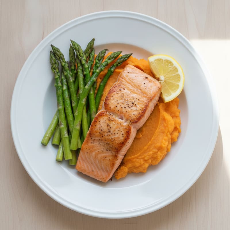 Seared Salmon with Roasted Asparagus and Sweet Potato Mash