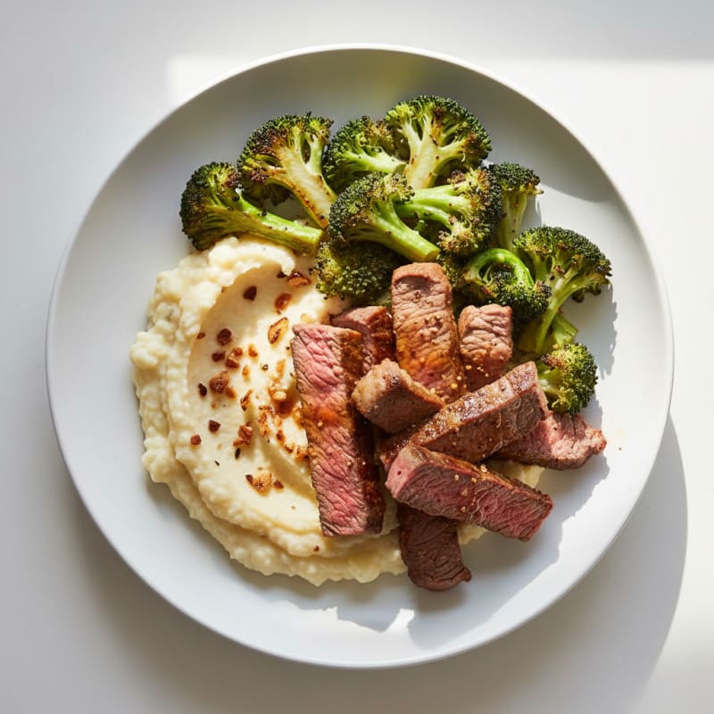 Seared Lean Beef Strips with Roasted Broccoli and Cauliflower Mash