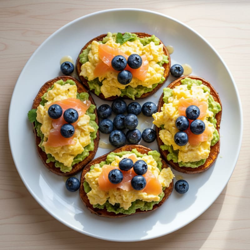 Egg and Avocado Sweet Potato Toast with Blueberries