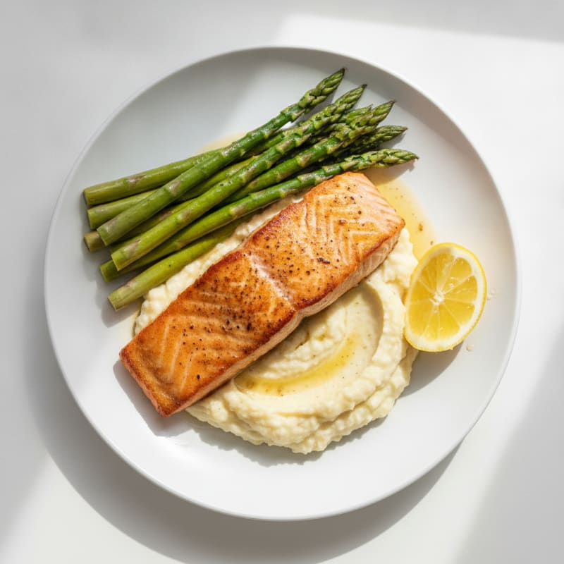 Seared Salmon with Steamed Asparagus and Cauliflower Mash