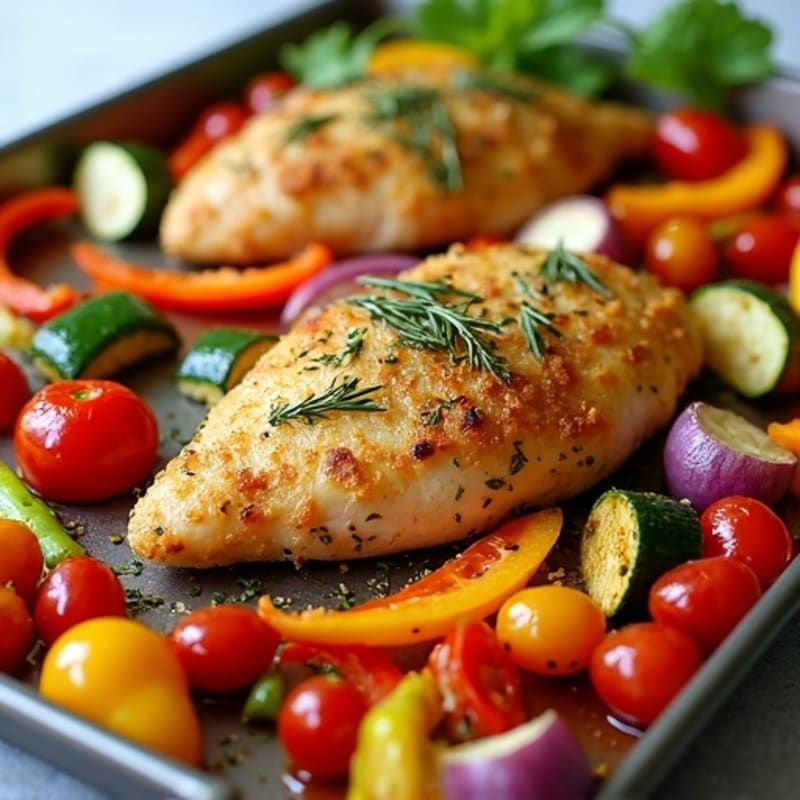Herb-Crusted Sheet Pan Chicken with Roasted Rainbow Vegetables