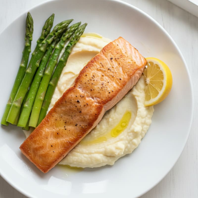 Seared Salmon with Steamed Asparagus and Cauliflower Mash