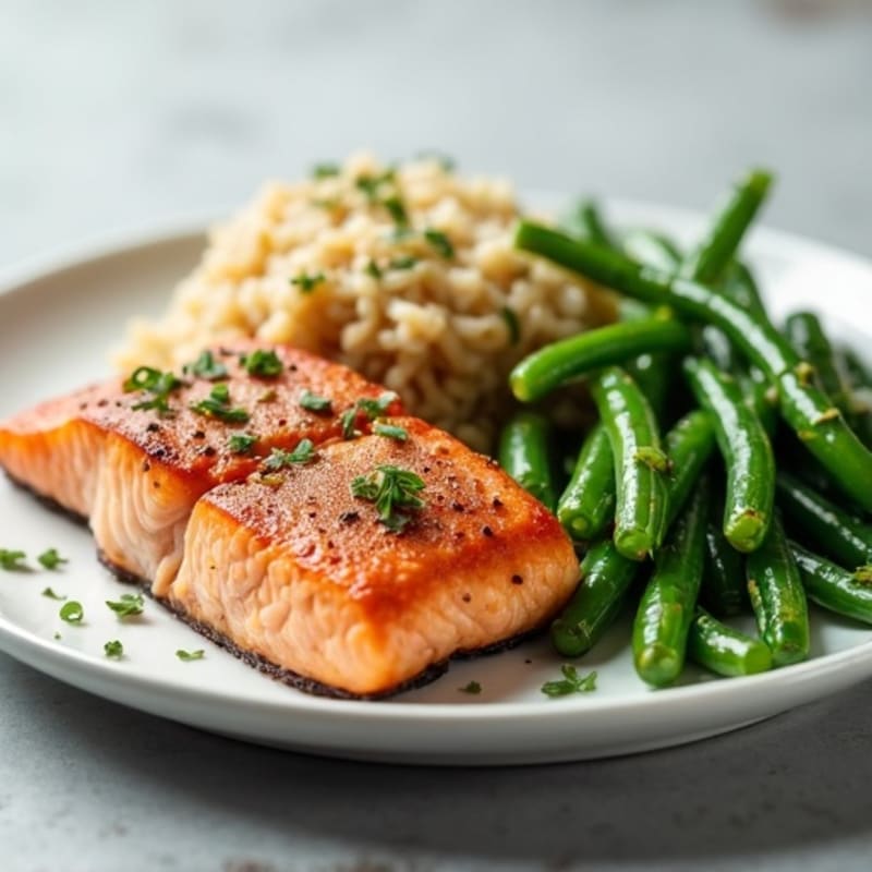 Seared Salmon with Steamed Green Beans and Brown Rice