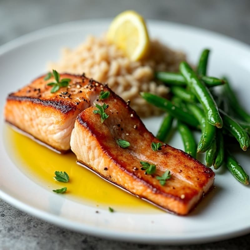 Seared Salmon with Steamed Green Beans and Brown Rice