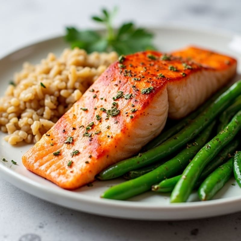 Seared Salmon Fillet with Garlic Green Beans and Brown Rice