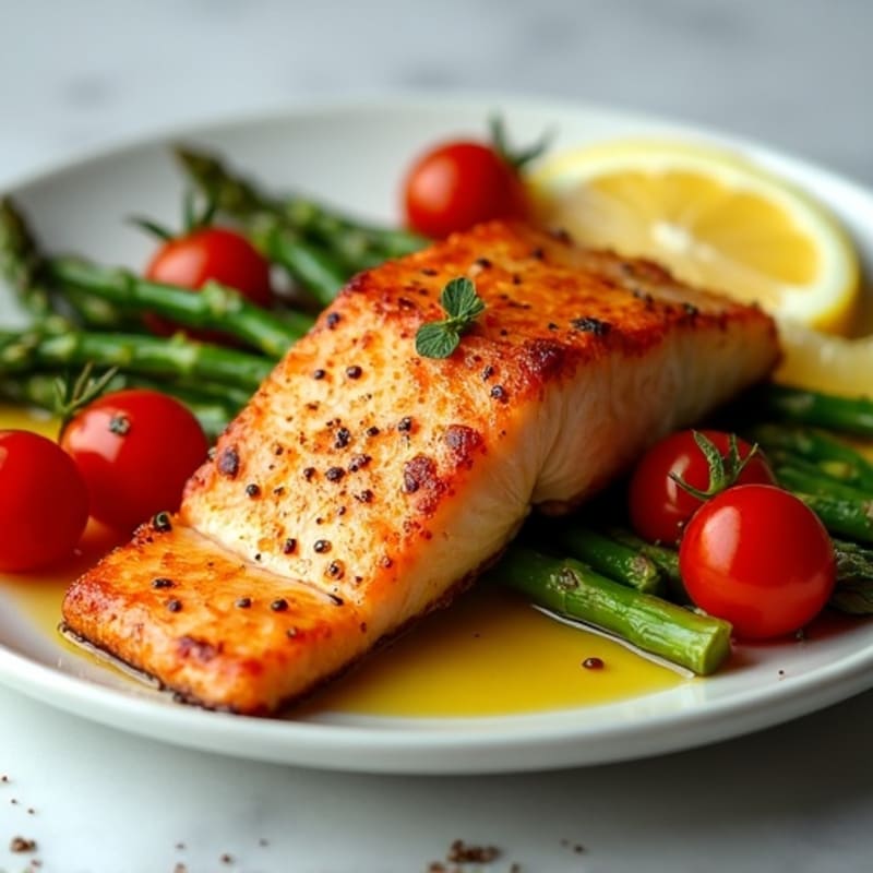 Crispy Pan-Seared Salmon with Roasted Asparagus and Cherry Tomatoes